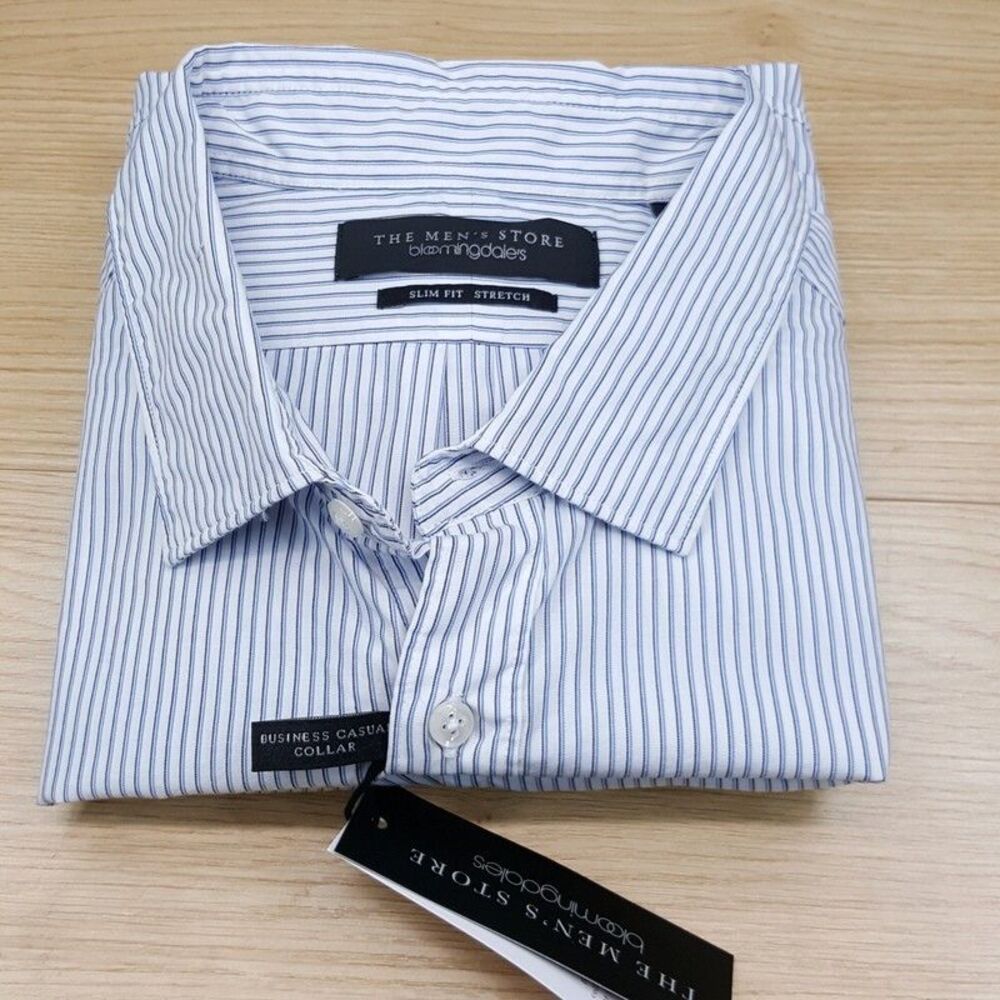 BLOOMINGDALES Shirt Mens XL White Stripe Button Up Slim Fit Stretch Workwear